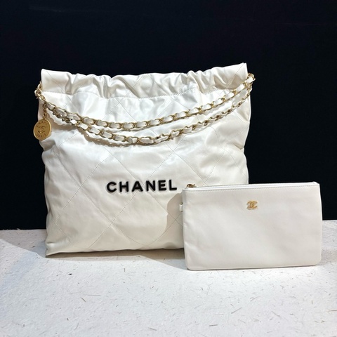 Chanel/香奈兒 22bag中號 白色垃圾袋手提鏈條單肩包 晶片款 尺寸：42*36*8