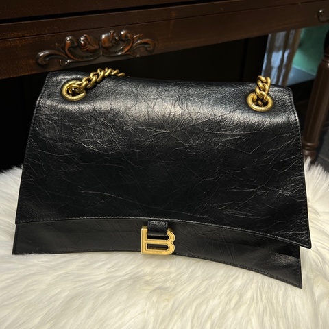 巴黎世家/Balenciaga crush中號 黑金褶皺牛皮