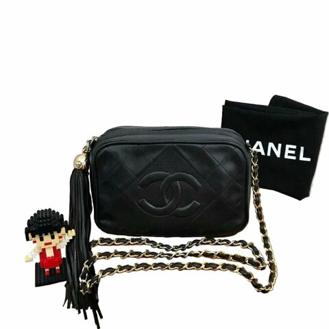 Chanel香奈兒黑金菱格紋相機鏈條包