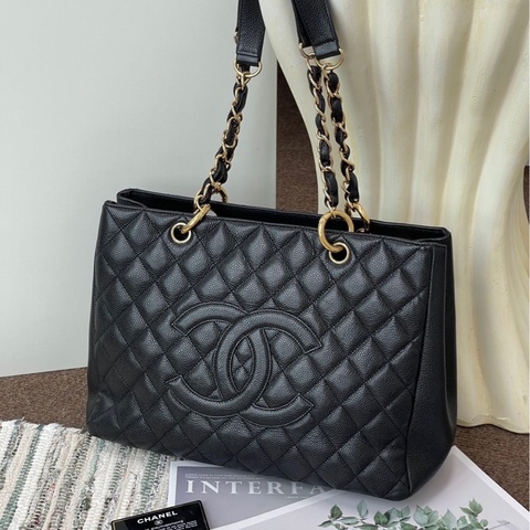 chanel香奈兒 GST黑銀荔枝皮托特包  黑金配色