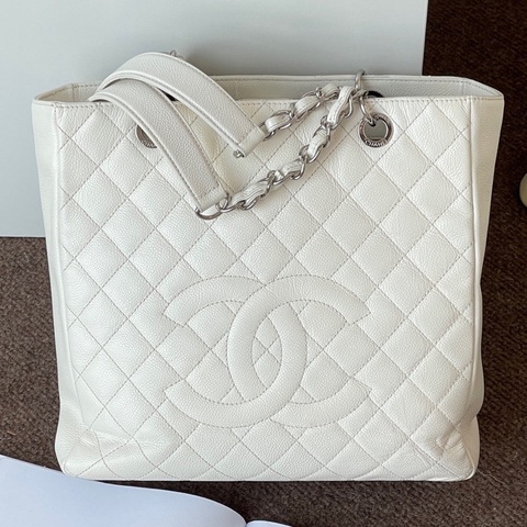 chanel香奈兒 gst白色荔枝紋托特包 單肩包