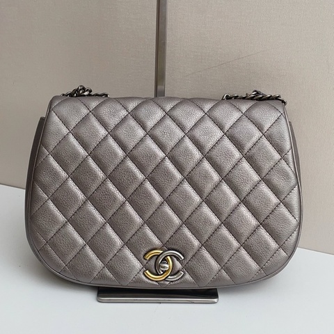 CHANEL/香奈兒 馬鞍包 銀色菱格紋 鏈條包單肩包