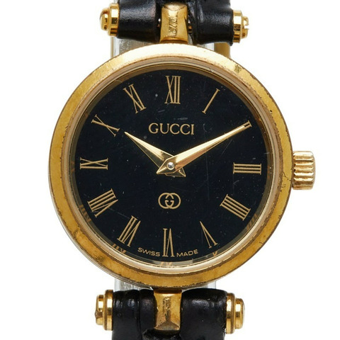 Gucci手錶，非原廠錶帶，石英機芯，黑色錶盤，鍍皮女士手錶。