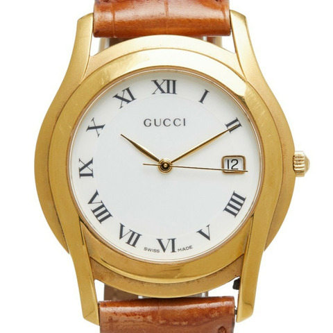 Gucci手錶，非原廠錶帶，5400M石英機芯，白色錶盤，不鏽鋼鍍層皮革男士手錶。