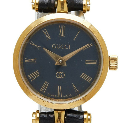 Gucci手錶，非原廠錶帶，石英機芯，黑色錶盤，鍍皮女士手錶。
