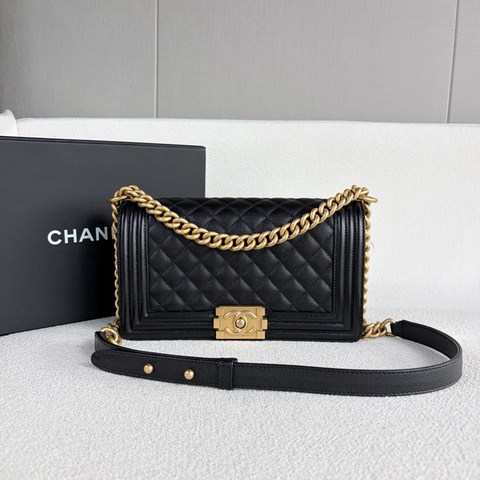 Chanel香奈兒 黑金Leboy中號鏈條包肩背包斜挎包 黑色荔枝皮