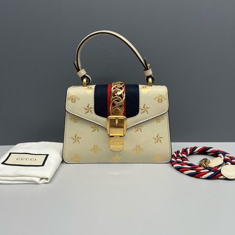 Gucci古馳 白色燙金蜜蜂Sylvie塞爾維亞手提斜挎包