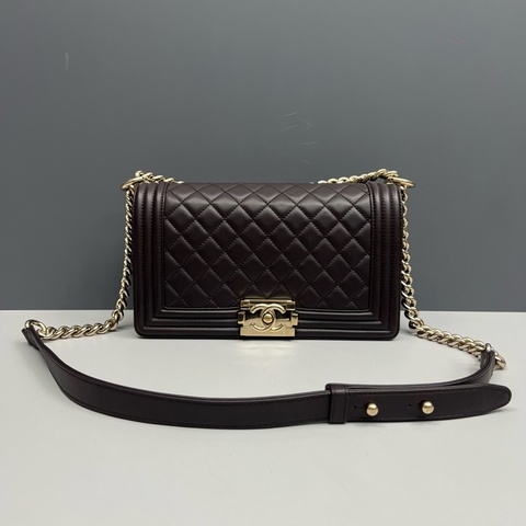Chanel香奈兒 絳紫色全皮金扣中號Leboy鏈條包 芯片款