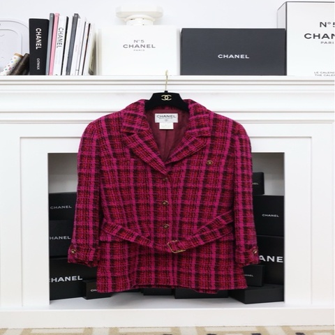 Chanel 95年玫红格纹金扣收腰大衣