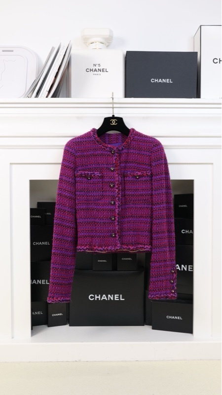 Chanel 95年紫红色格纹花边滚边上衣外套