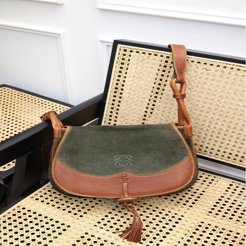 Loewe墨绿麂皮拼接狩猎包 单肩包
