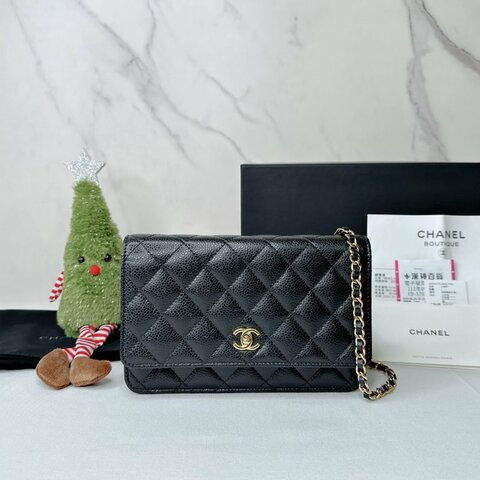 CHANEL Woc黑金荔枝皮鏈帶包