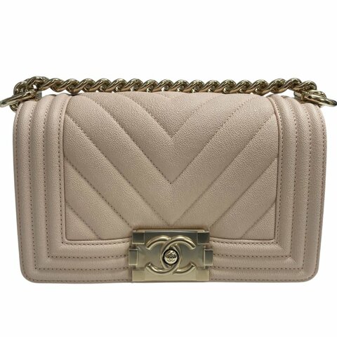 CHANEL 香奈兒 SMALL BOY BAG 淡粉色 小牛皮 金釦