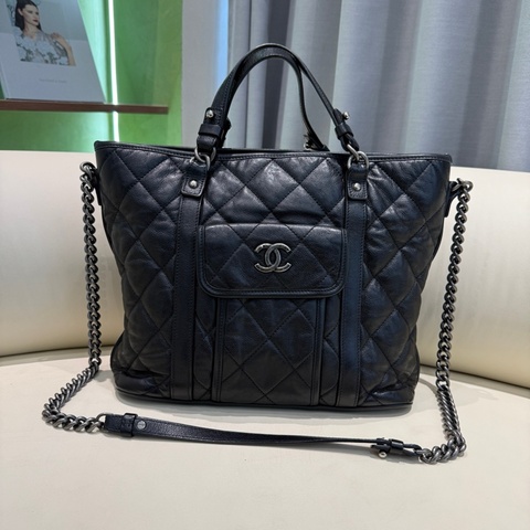 Chanel 香奈兒 黑銀全皮雙口袋 2way tote手提托特包肩背包