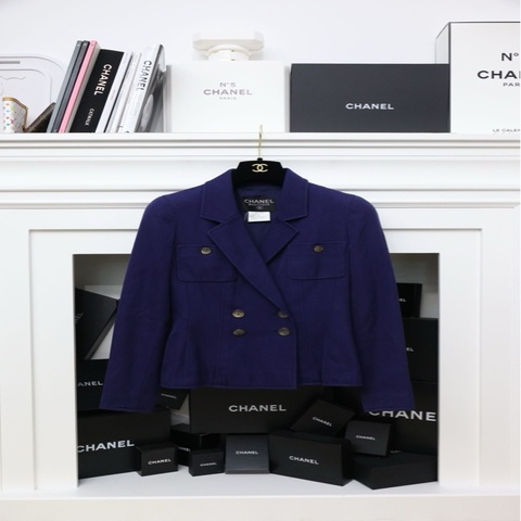 Chanel 97年海军蓝双排扣crop西装外套