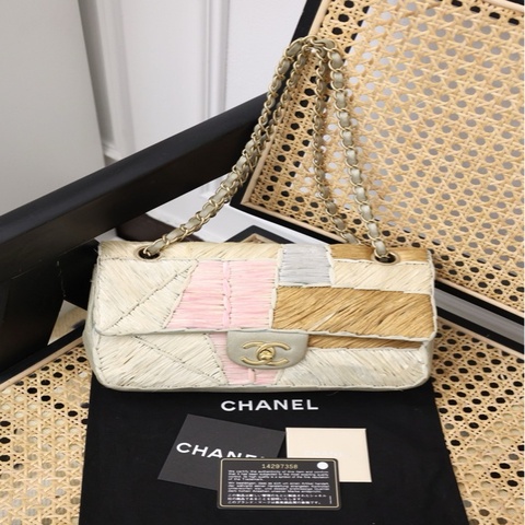 Chanel 14开拉菲草编织彩色网格CF包