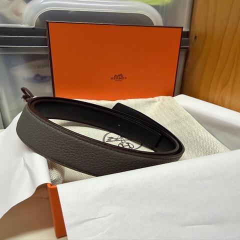 【全新不含扣】Hermes 愛馬仕 32mm 皮帶身 (85cm) 黑色/錫器灰 雙面用 全套包裝