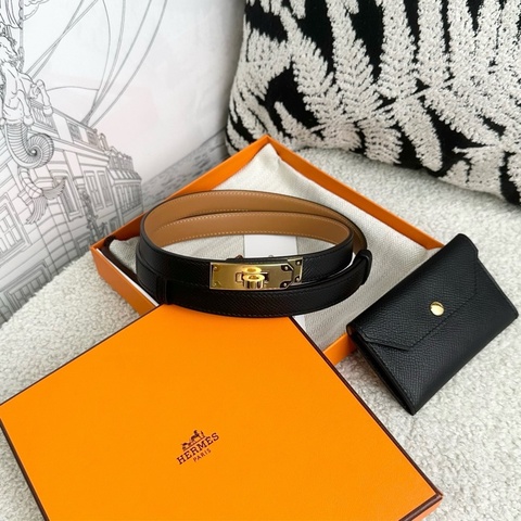 閒置未使用 Hermes/愛馬仕 Kelly Pocket 18腰帶皮帶 黑金帶小卡包 寬約18mm 長度可以任意調節 附件盒子塵袋
