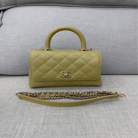 Chanel香奈兒芥末黃荔枝牛皮coco handle mini 金釦