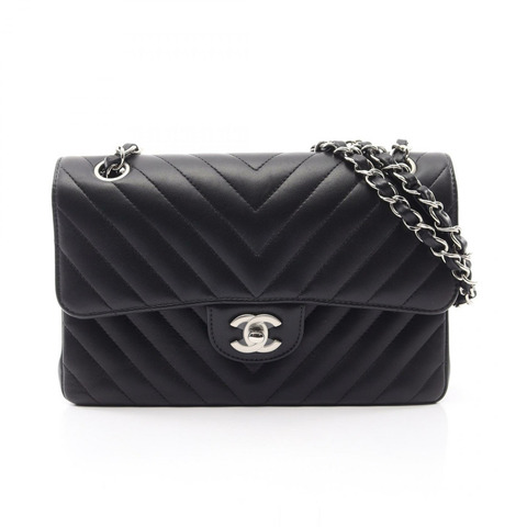 香奈兒 (CHANEL) 羊皮 (Lambskin) 黑色 V 字縫線單肩包，二手女款