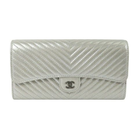 CHANEL 羊皮皮革Long Wallet銀扣長錢包