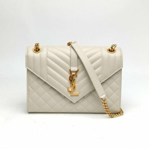 SAINT LAURENT Envelope絎縫紋理信封包中號白色皮金扣肩背包
