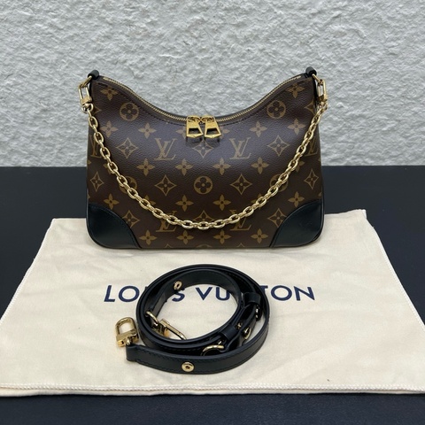 路易威登/Louis Vuitton Boulogne 黑牛角包鏈條包單肩包腋下包斜挎包 老花塗層帆布 金扣