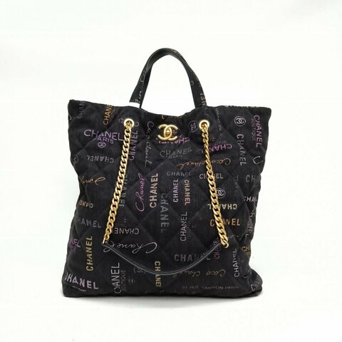 CHANEL 22SS印花塗鴉牛仔tote購物袋黑色帆布晶片金扣肩背包