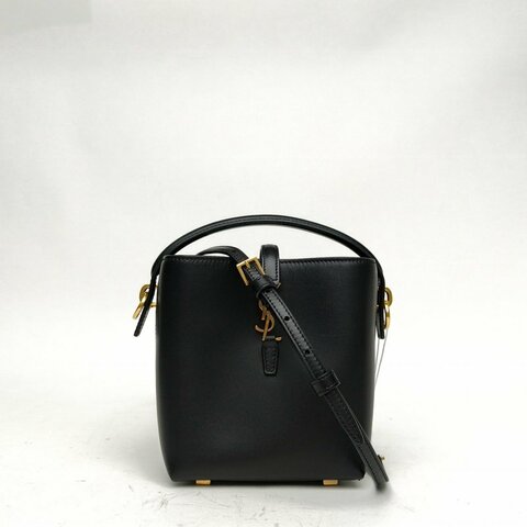 SAINT LAURENT LE37LOGO鉤扣手提單肩水桶包黑色牛皮金扣肩背包