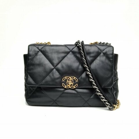 CHANEL 19BAG口蓋包中號黑色羊皮30開金銀扣肩背包