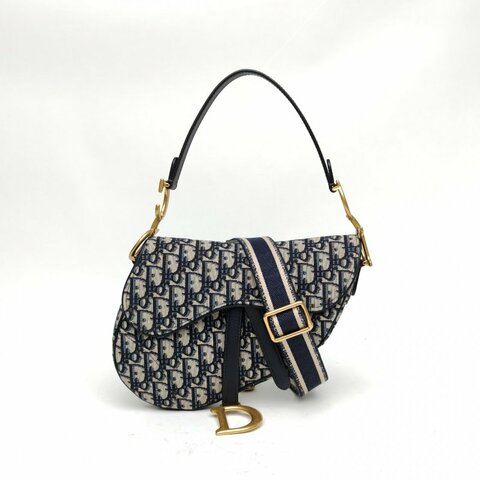 DIOR SADDLE馬鞍中號藍色帆布金扣Oblique印花肩背包