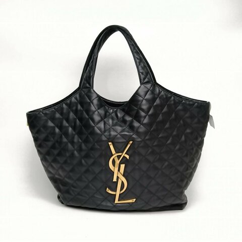 SAINT LAURENT ICARE加大號絎縫購物袋MAXI黑色羊皮金扣肩背包