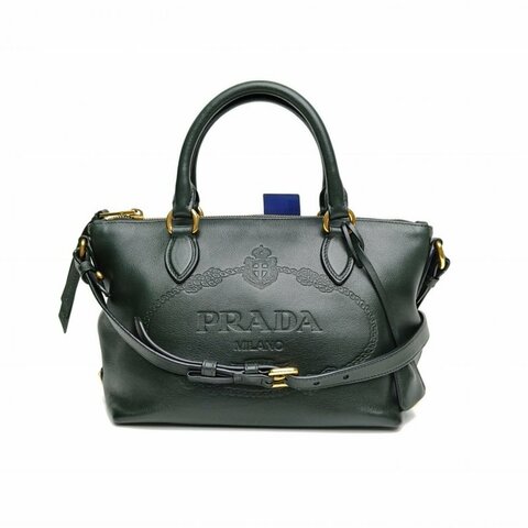 PRADA 軍綠色牛皮金扣浮雕logo餃子包手提包肩背包