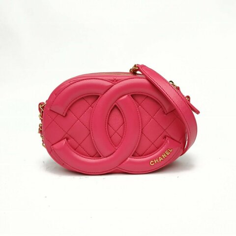 CHANEL 玫紅羊皮29開金扣雙C大logo色相機包肩背包