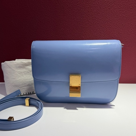 賽琳 Celine 金扣 霧霾藍光滑小牛皮斜挎包