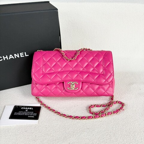 Chanel香奈兒CF系列鏈條包玫紅色金扣 羊皮