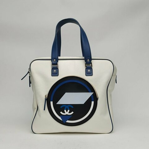 CHANEL 白色帆布22開銀扣小香手提包肩背包