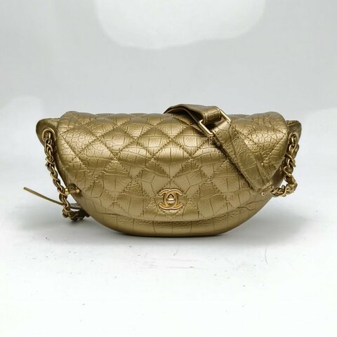 CHANEL 金色牛皮28開金扣鱷魚壓紋腰包肩背包