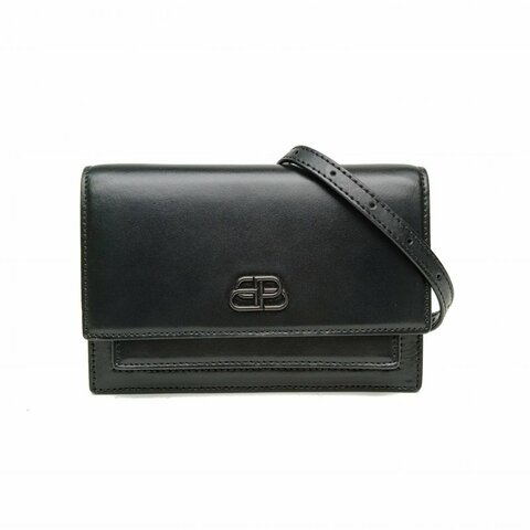BALENCIAGA 黑色牛皮BB標誌腰包肩背包
