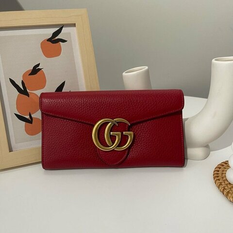 GUCCI 粒紋 牛皮 紅色 金色 大logo 12卡 釦式 信封 長夾 400586