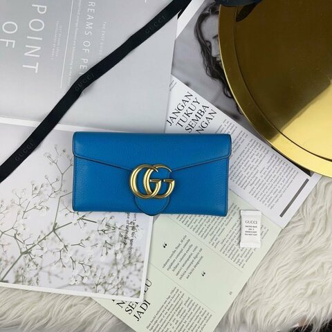 GUCCI 粒紋 牛皮 水藍色 金色 大logo 12卡 釦式 信封 長夾 400586