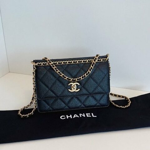 近新品 香奈兒/Chanel 黑金荔枝牛皮 梯形鏈條包 芯片款