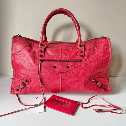 Balenciaga The Work 珊瑚紅 小羊皮 流蘇 大型 機車包 132110