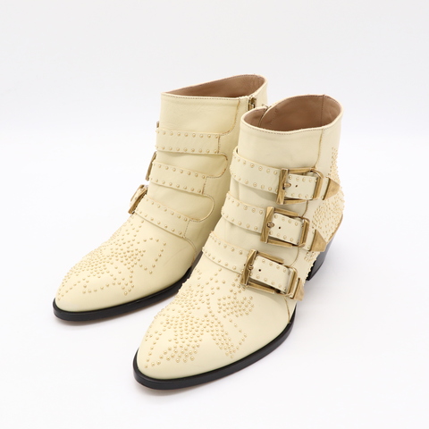 Chloé 蔻依 經典 Susanna 三皮帶金釦金色鉚釘 小牛皮  白色粗跟短靴