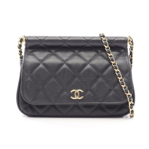 香奈兒 (CHANEL) 絎縫鏈條肩背斜背包，粒面小牛皮，黑色，金色五金，二手
