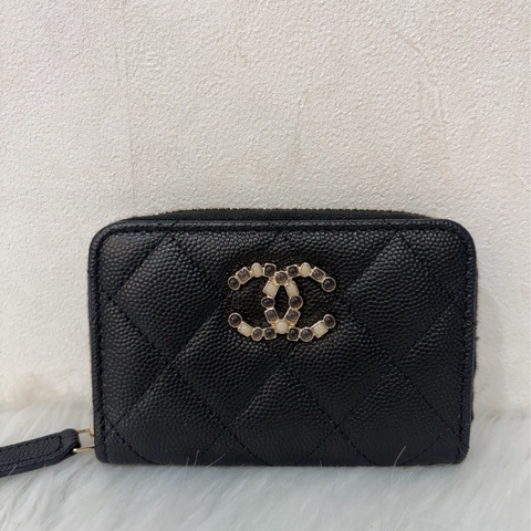 Chanel  AP3607 黑色 荔枝皮 小牛皮雙C 琺瑯 拉鍊 卡包 零錢包