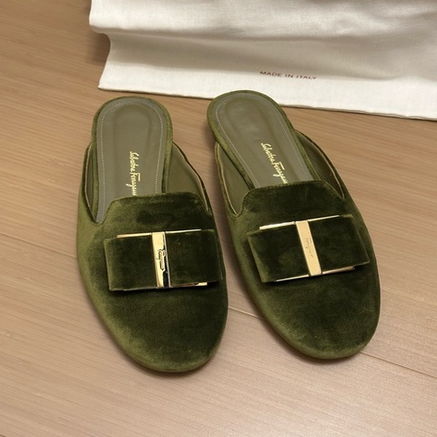 Salvatore Ferragamo 橄欖綠 Velvet 穆勒樂福鞋 EU39 附盒裝｜🌼8成新