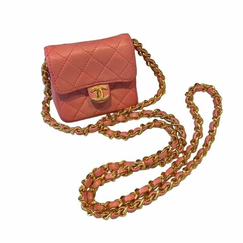Chanel粉金菱格紋雙Clogo口紅鏈條包