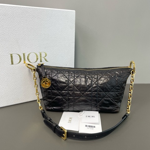 Dior/迪奧  黑金油蠟皮星星Diorstar hobo 褶皺牛皮革超大藤格紋飯盒包腋下