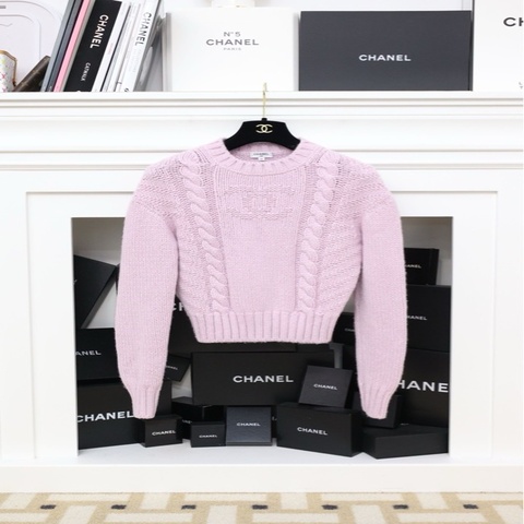 Chanel20B粉紫色羊绒双C圆领套头毛衣